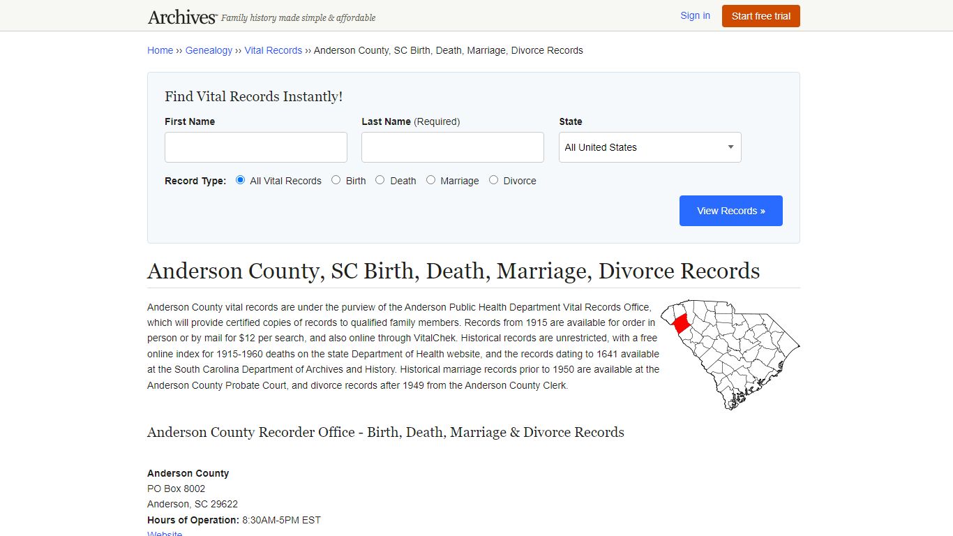 Anderson County, SC Birth, Death, Marriage, Divorce Records - Archives.com