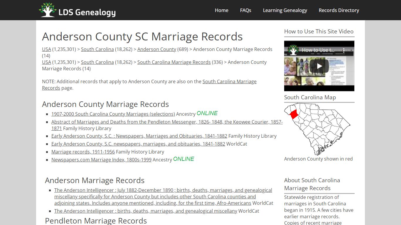 Anderson County SC Marriage Records - LDS Genealogy